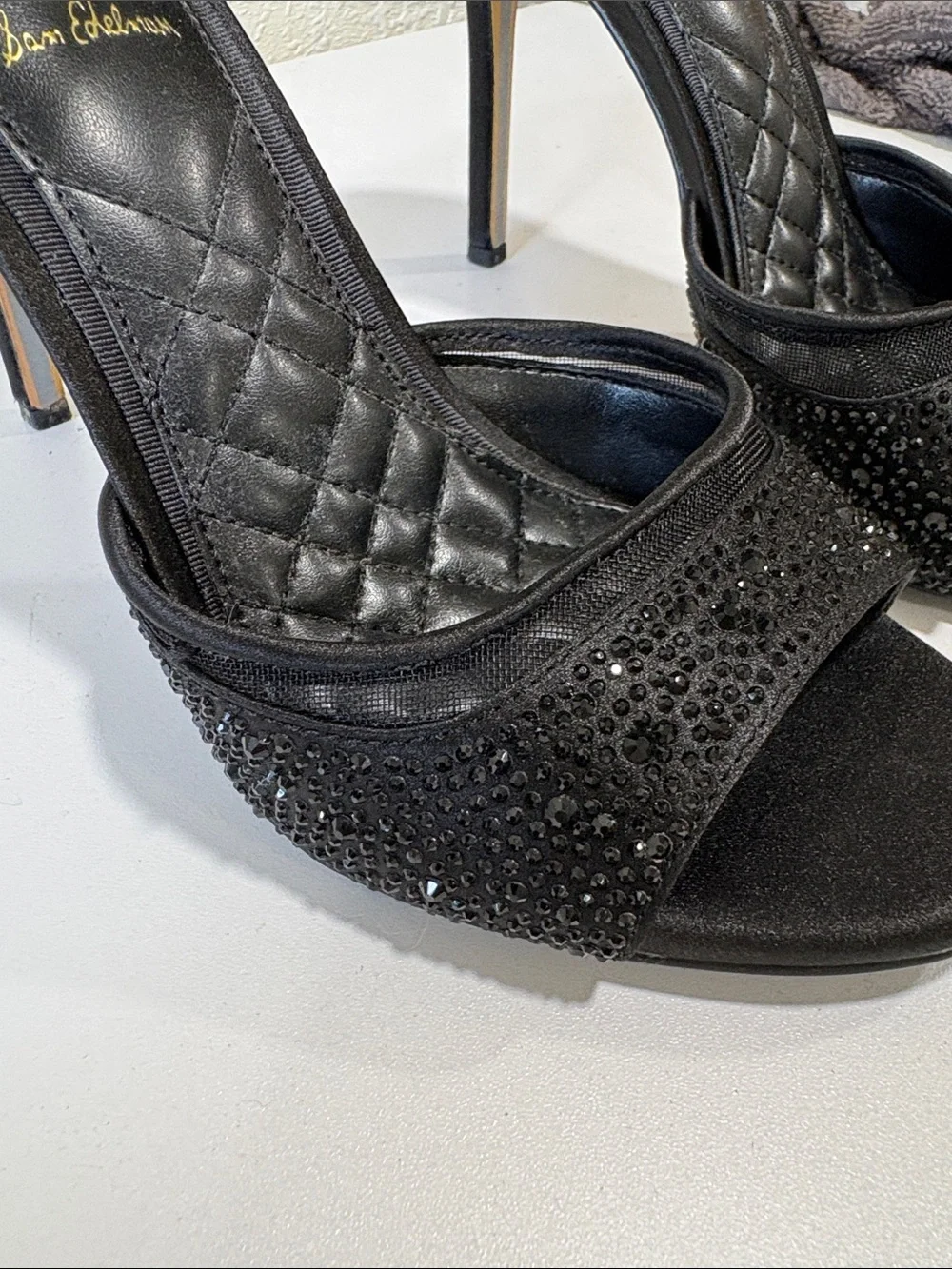 Sam Edelman Keissa Black Crystal-Embellished Ankle-Strap Heels